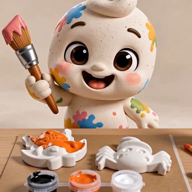 Kast excitedly holding up his paintbrush